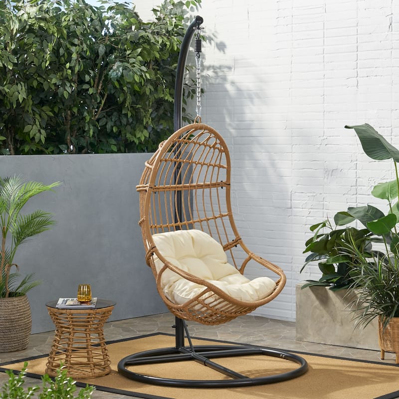 Lombard Rattan Hanging Chair by Christopher Knight Home - 400 lb limit - Light Brown + Black + Beige