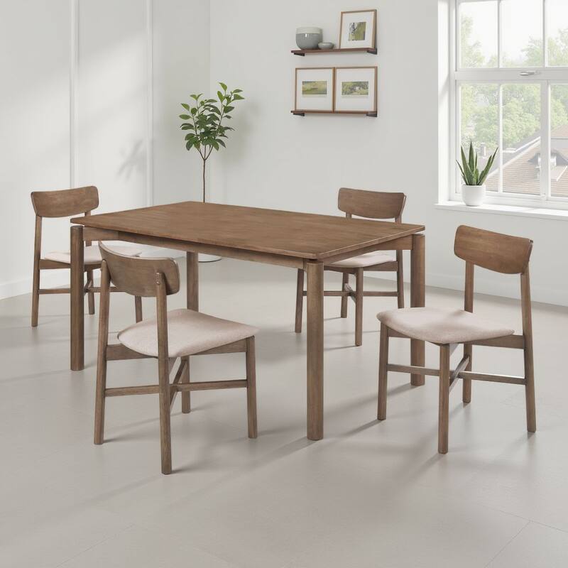Rida 5pc Dining Table Set w 4 Upholstered Chairs, Natural Walnut Brown