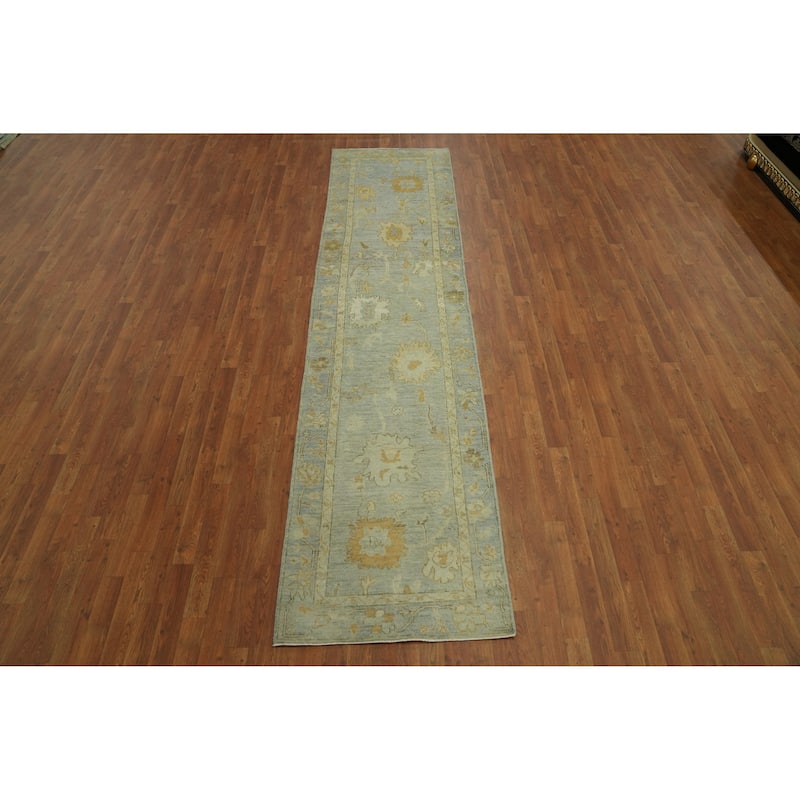 Vegetable Dye Wool Oushak Turkish Runner Rug, Floral Geometric Carpet - 11' 7'' X 2' 9''