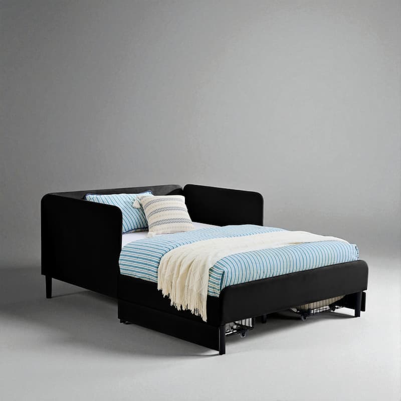 Twin Size Upholstered Platform Sofa Bed with Velvet Cushions and 2 Storage Drawers, Convertible Daybed Frame - Black - Full