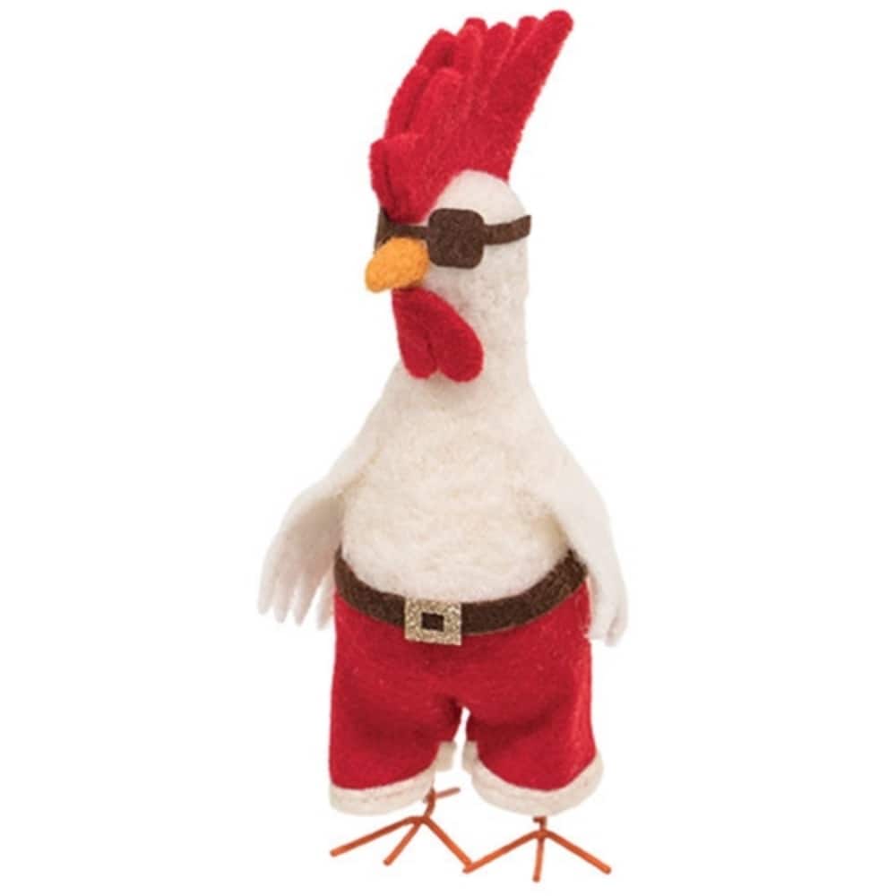 Felt Santa Chicken Christmas Ornament 6.75 Inch Holiday Tree Decor with Wire Feet Glasses and Belted Shorts