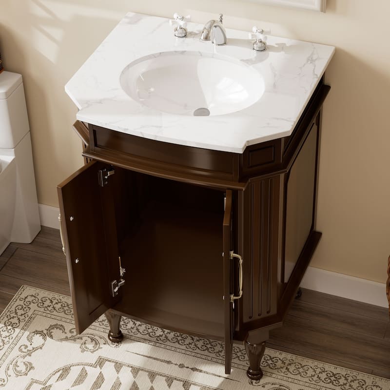 Elegant 24-Inch European Bathroom Vanity with Gold Accents and Marble-Style Sink