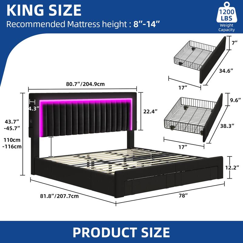 Moasis Velvet Upholstered Platform Bed, Bed Frame with Adjustable Headboard and 4 Storage Drawers