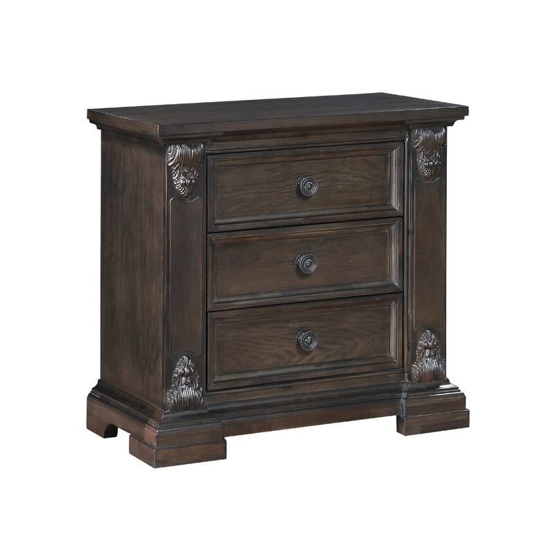 Walz Nightstand, 3 Drawers, Espresso Brown Oak Veneer, Black Knobs