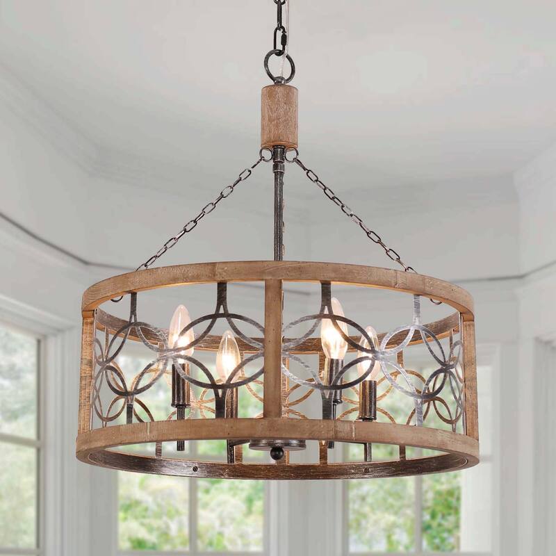 Oaks Aura Rustic Farmhouse 4-Light Wood Ceiling Light Drum Shabby Chic Wood Chandelier - Weathered Wood