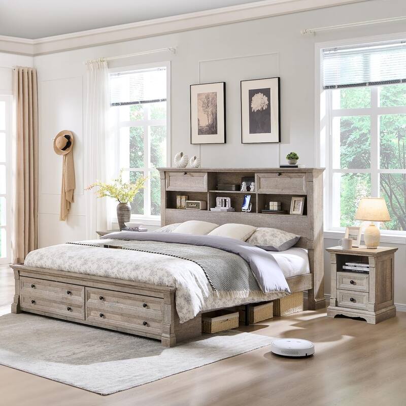 Farmhouse King Size Bed Frame with 54" Tall Storage Bookcase Headboard - Light Rustic Oak