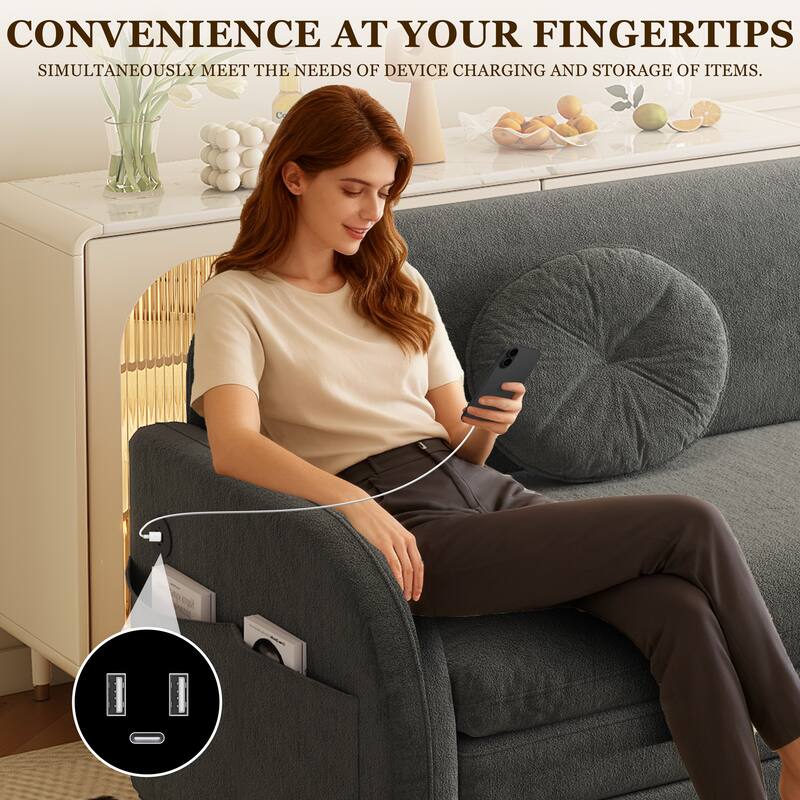 Homy Casa 3-in-1 Convertible Sleeper Sofa Bed, Pull-Out Couch w/ USB, Side Pocket & 4 Pillows, Chenille, 2/3/4-Seat