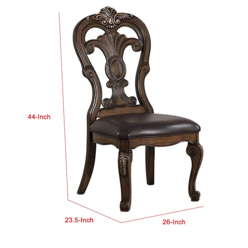 Leova Side Dining Chair Set of 2, Carved Corbels, Gold Tip Crown, Brown Wood