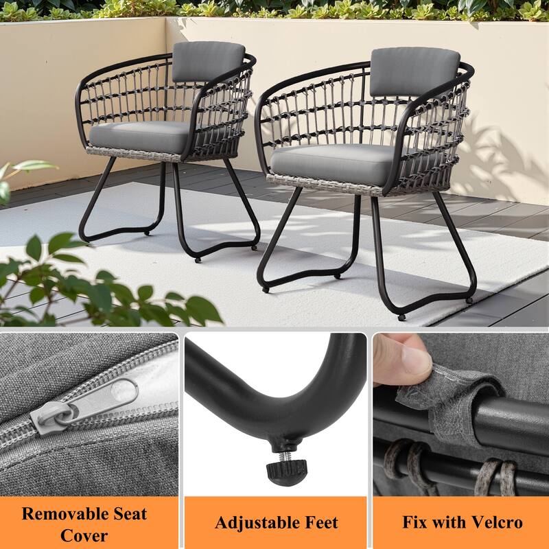 7-Piece Outdoor Patio Dining Set Wood Like Table Top Aluminum Rectangular Umbrella Hole Table with Rattan Chairs