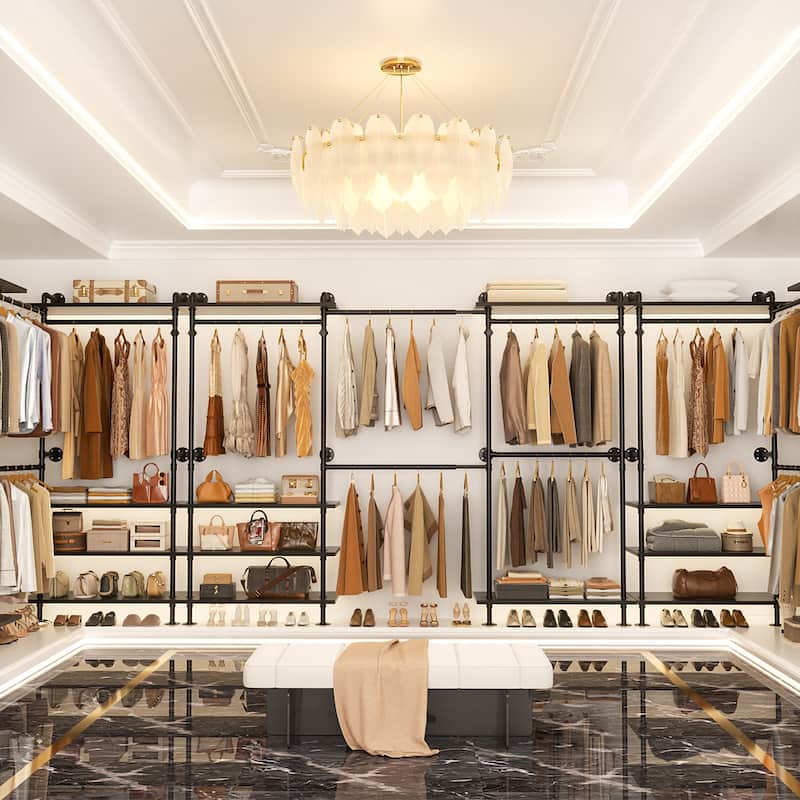 Expandable Industrial Pipe Clothing Rack with 6 Open Shelves,Adjustable Walk-in Closet Organizer System Garment Rack