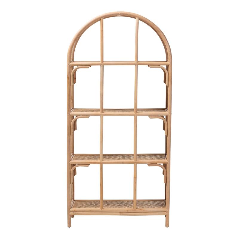 Natania Natural Rattan 4-Tier Display Shelf - Handwoven Arched Bookcase with Webbed Side Panels, Boho Coastal Design