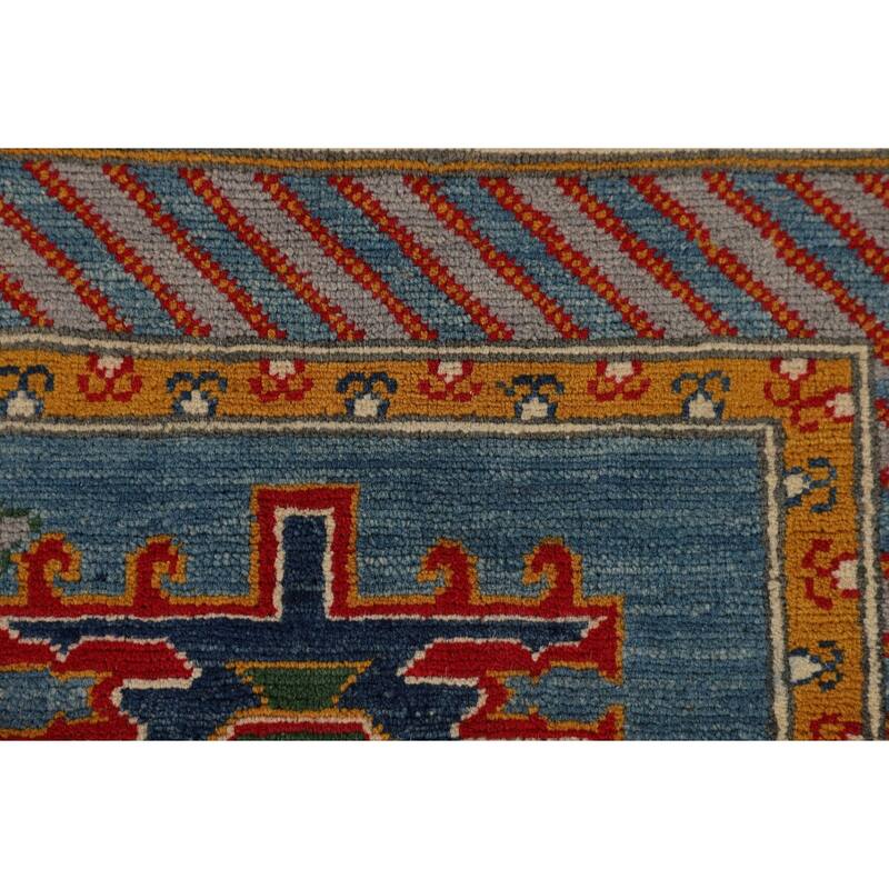 Blue Geometric Kazak Oriental Area Rug Handmade Wool Carpet - 6'8" x 9'7"
