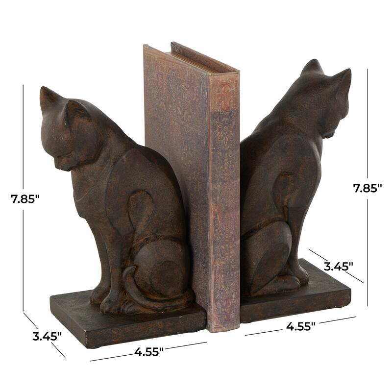 Resin Cat Frowning Bookends with Copper Accents - Set of 2 Dark Brown - Roche River Decor - 3"W x 5"L x 8"H