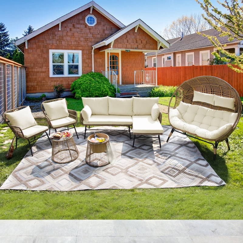 7 Piece Boho Patio Furniture Set with 2-Person Egg Chair, Outdoor Wicker Rattan Sectional Sofa with Lounge Chairs and Ice Bucket - Beige