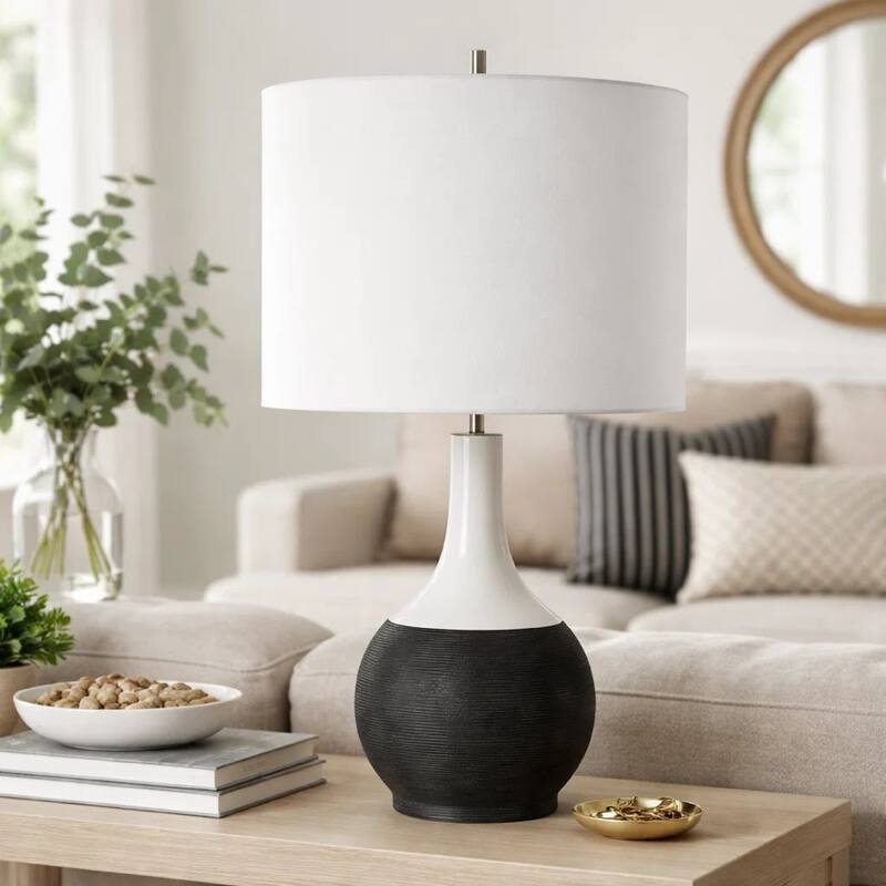 Table Lamp, White Linen Shade, 23 Inch Black and White Ceramic Accent