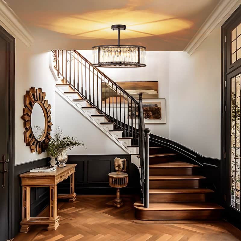 4-Light Mid-Century Modern Black Drum Crystal Semi-Flush Mount Light - 16.9 in. W x 5.7 in. H