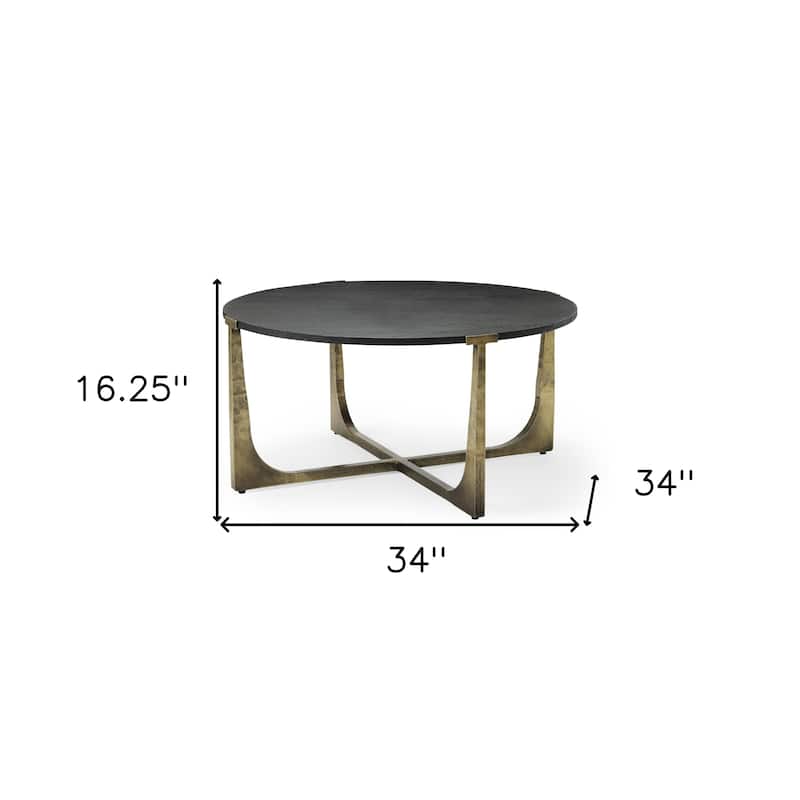 HomeRoots 34" Antiqued Gold Solid Wood and Iron Round Distressed Coffee Table - 34' X '16.25' X '34