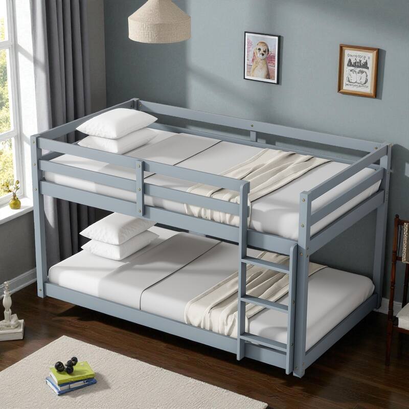 Solid Rubber Wood Twin Over Twin Floor Bunk Bed with Ladder, Low Height Design and Strengthened Slat Support