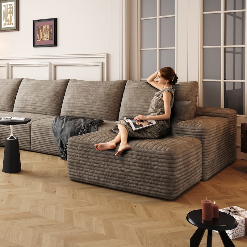Large Sleeper Sectional Couch L-Shape Floor Modular Recliner Sofa Corduroy Upholstered Chaise Lounge with Ottoman for Livingroom