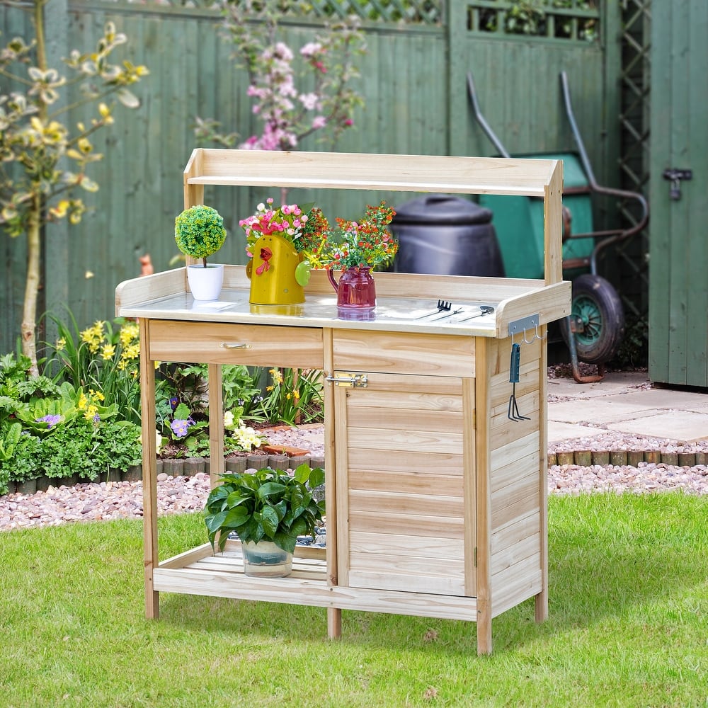 Outsunny Potting Bench Table with Storage Cabinet and Open Shelf, Garden Planting Workstation with Steel Tabletop