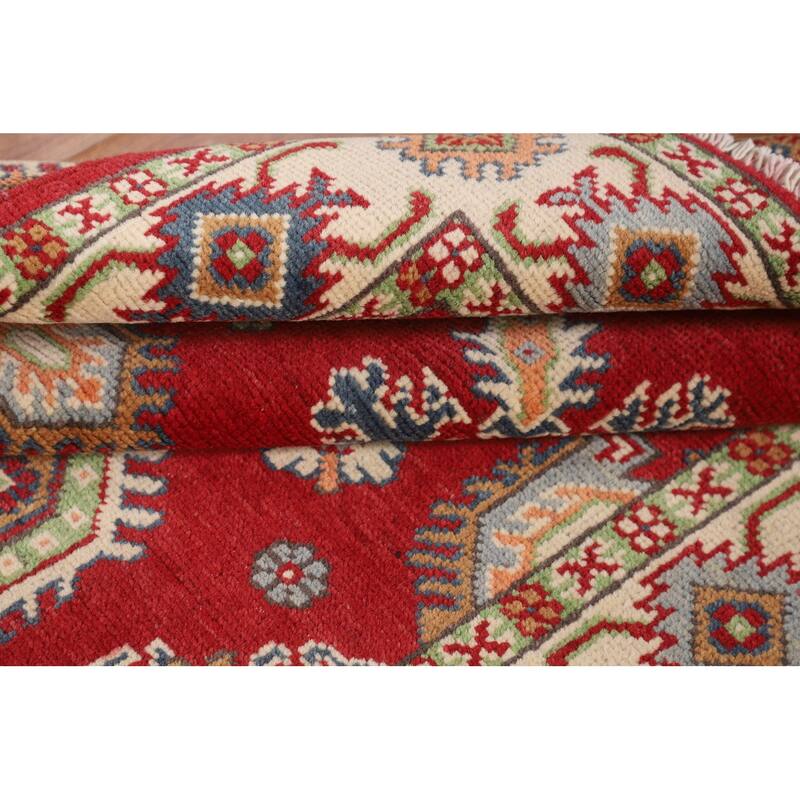 Geometric Red Kazak Accent Rug Handmade Wool Carpet - 3'2" x 5'1"