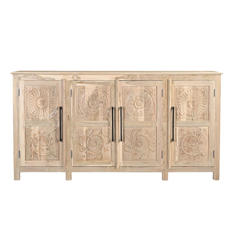 HomeRoots 74" Natural Distressed Solid Wood Carved Floral Sideboard with Four Doors - 74.00 in. x 38.00 in. x 18.00 in.
