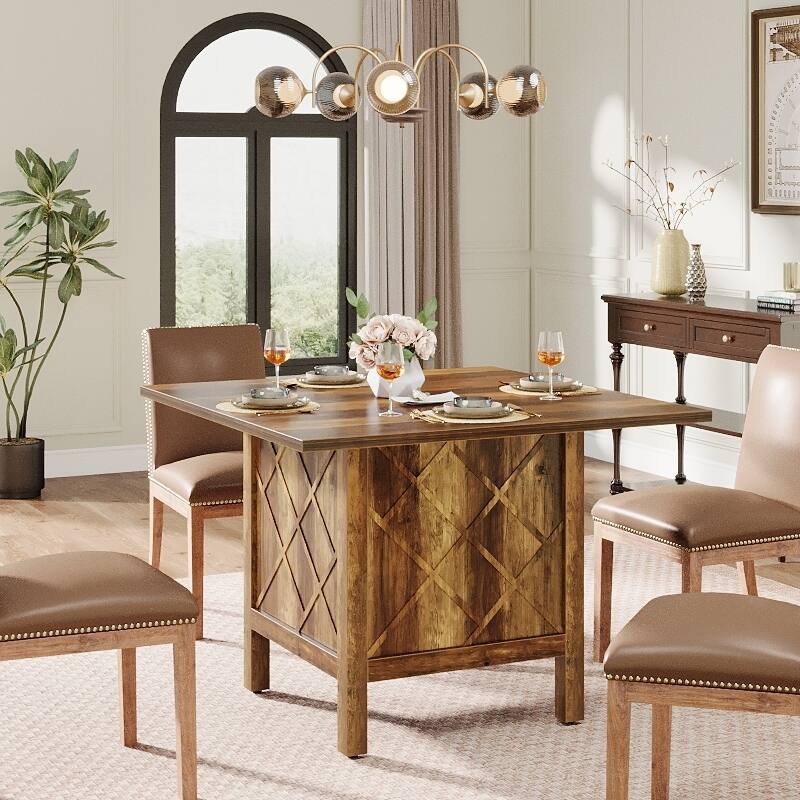 4-Person Wooden Dining Table, Farmhouse Square Dinner Table - Brown