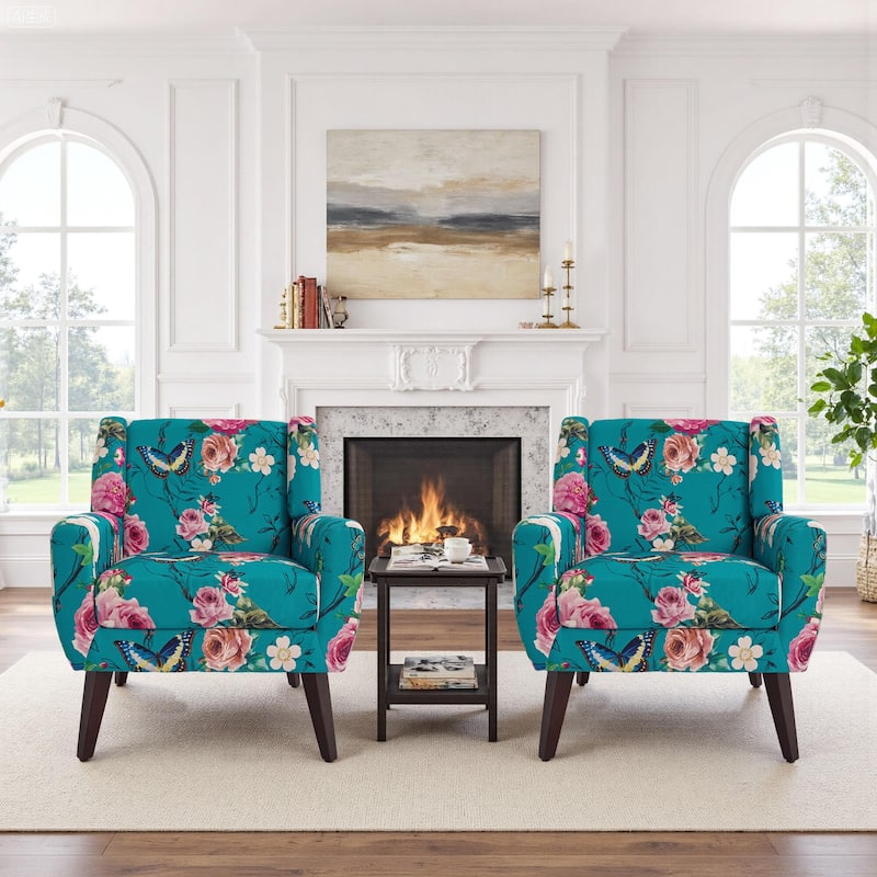 2 Set Modern Tufted Linen Upholstered Accent Chair Faux Leather Armchair - Linen - Pattern Blue Linen