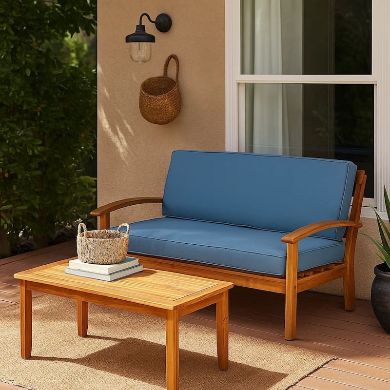 Outdoor Loveseat and Coffee Table Set, Blue Cushions, Brown Acacia Wood