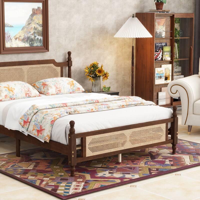 Classic Platform Bed Queen Size Bed Wooden Frame Bed with Rattan Headboard, Footboard and Central Enhanced Bed Platform