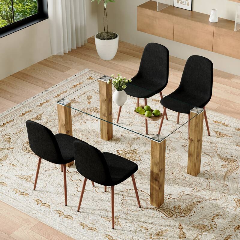 Roomfitters 5pcs Glass Dining Table Set with Natural MDF Legs and Linen High Resilience Chairs, Black