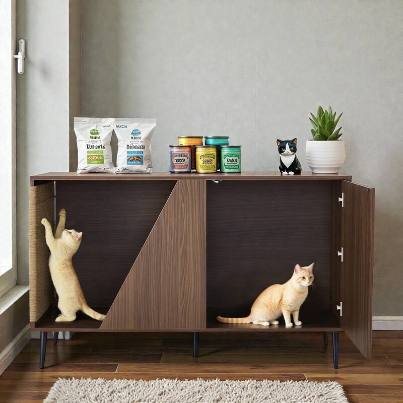 2-in-1 Walnut Cat Litter Box Cabinet with Spring-Loaded Door, Cat Scratch Side Table, Modern Pet Furniture for Living Room