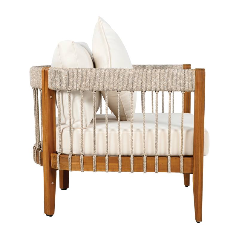 Acacia Wood Outdoor Club Chair with Handwoven Rope & Curved Back, Water-Resistant Patio Lounge Chair with Removable Cushions