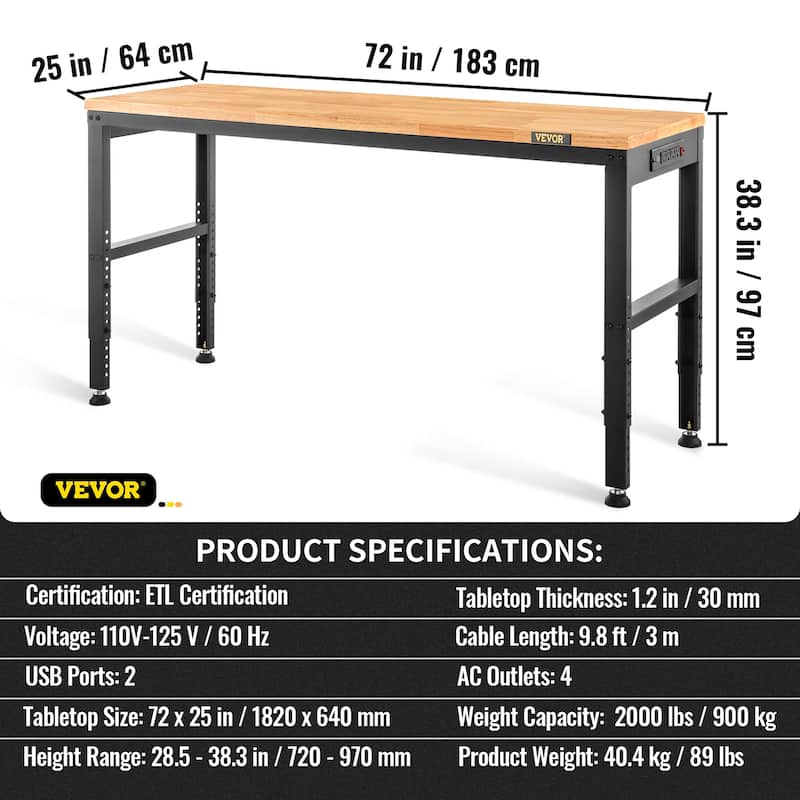 VEVOR Adjustable Height Workbench Work Bench Table w/ Power Outlets