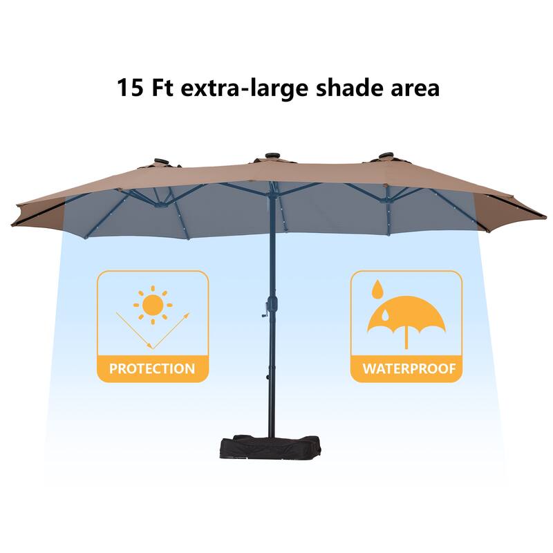Clihome 15FT Double-Sided Solar Light Market Crank Umbrella with Base