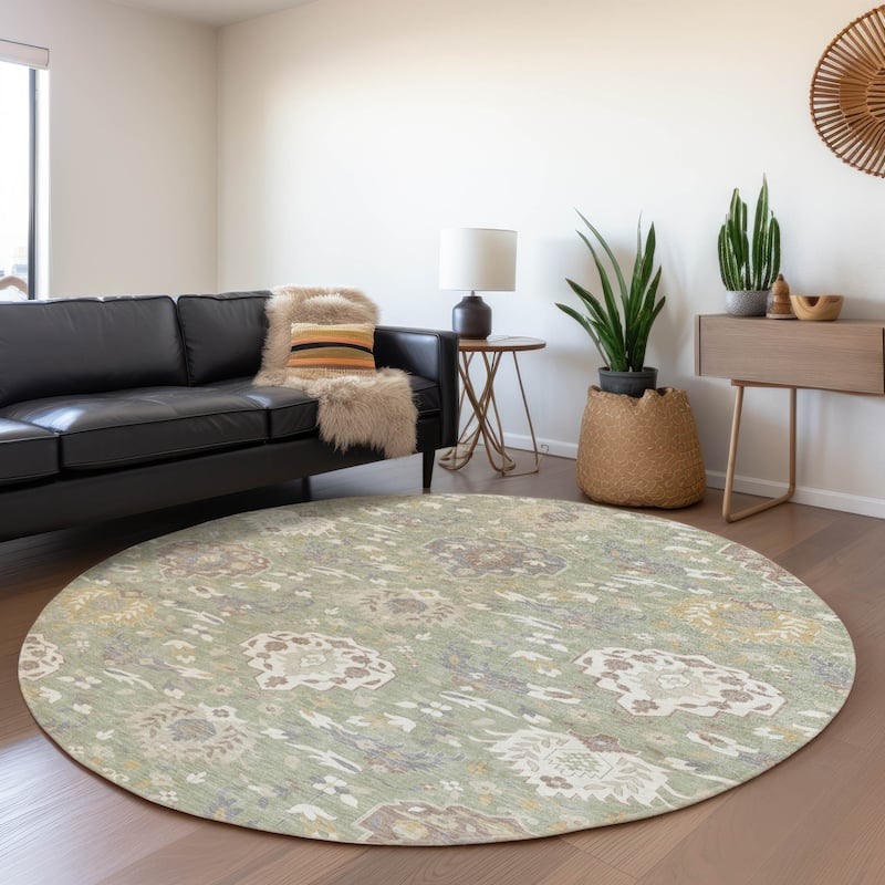 Machine Washable Indoor/ Outdoor Traditional Kashan Chantille Rug - Aloe - 8' x 8'