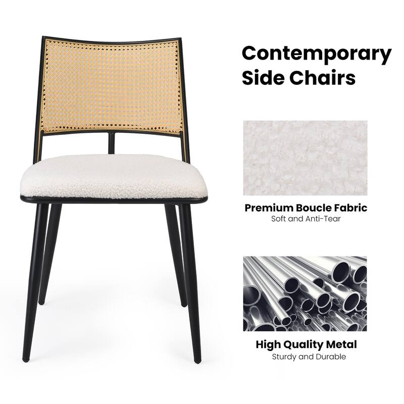 Dining Chairs Set of 2, Mid-Century Modern Kitchen Chairs with Rattan Backrest & Metal Frame, Boucle Upholstered Accent Chairs
