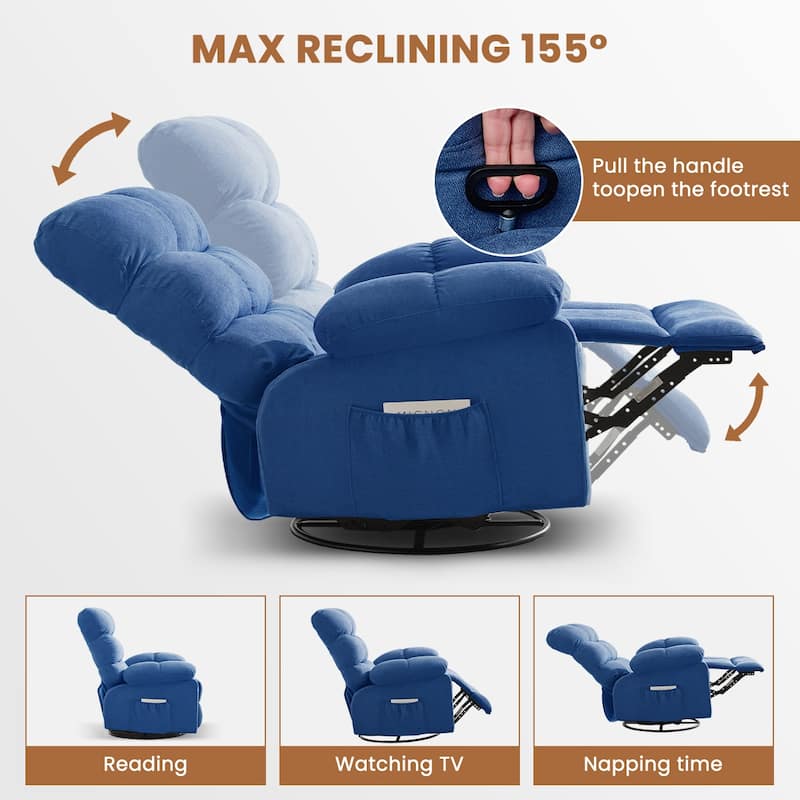 Swivel Rocker Recliner Chair 360° Manual with Side Pockets for Adults