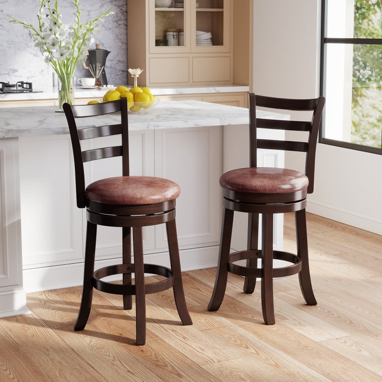 Set of 2 Cappuccino Rubber Wood MDF Swivel Bar Stools with Faux Leather and Footrest