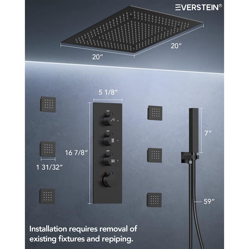 64 Color LED Mood Lighting Thermostatic Shower System,20"Ceiling-Mount Shower Head with 3-Functions Spray
