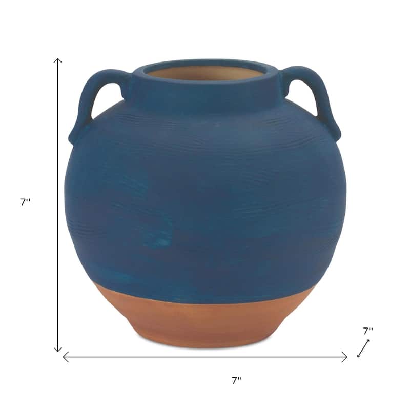 7" Blue And Terra Cotta Ceramic Round Urn - 7.00