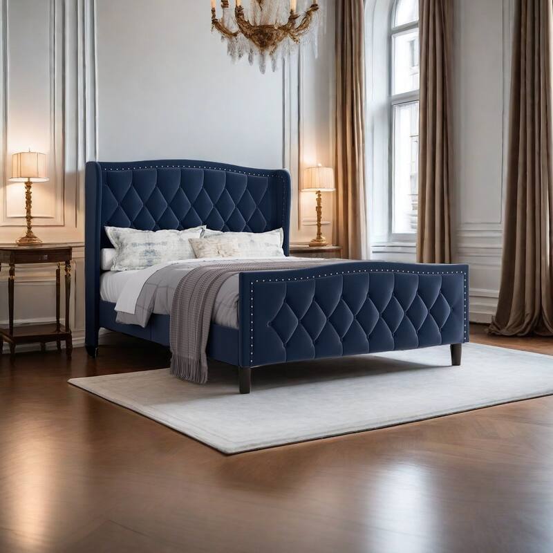 Modern Upholstered Velvet Platform Bed with Wingback Headboard and Wood Slat Support