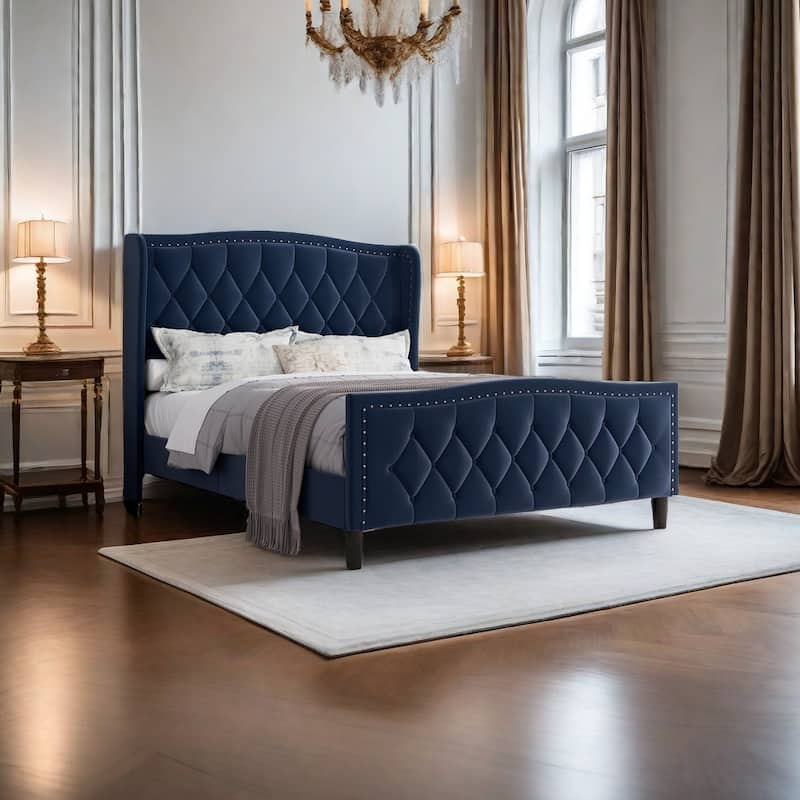 Queen Size Modern Velvet Platform Bed with Wingback Headboard & Wooden Slats