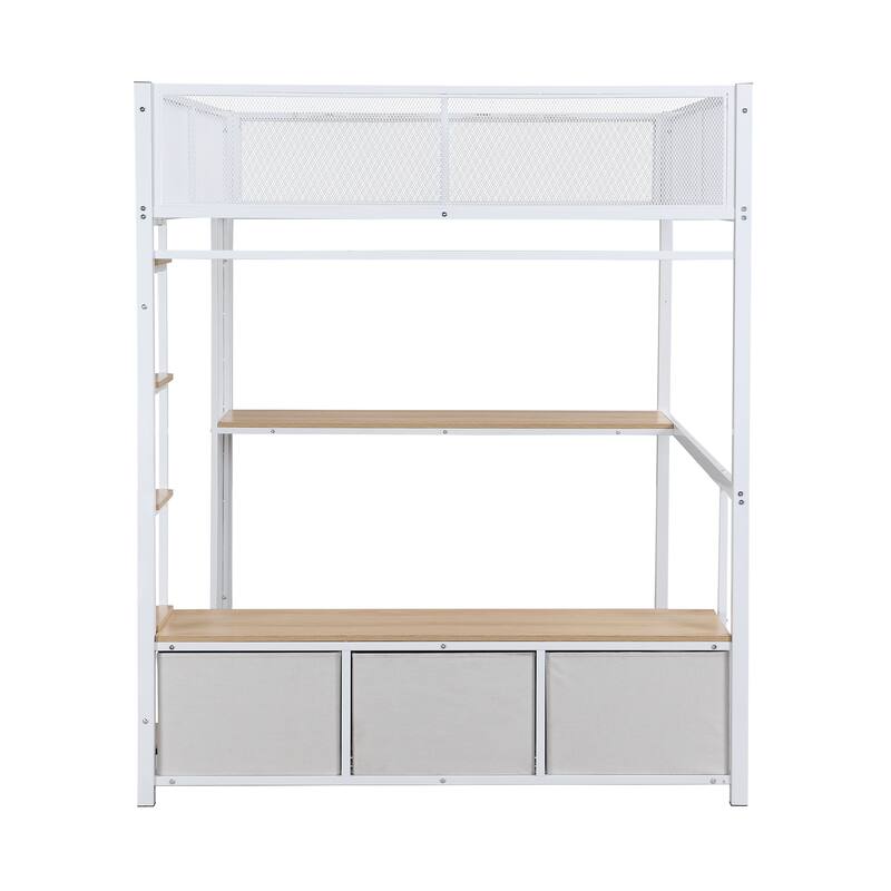 Full Size Gaming Loft Bed with Desk and LED Lights, Metal Loft Bed Frame w/ 3 Linen Storage Drawers, Open Wardrobe & Ladder