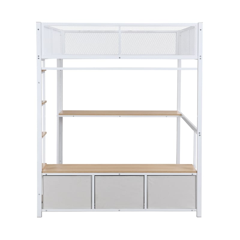 Full Size Metal Gaming Loft Bed with 16-Color LED, Study Desk & 3 Storage Drawers (400lb Capacity)