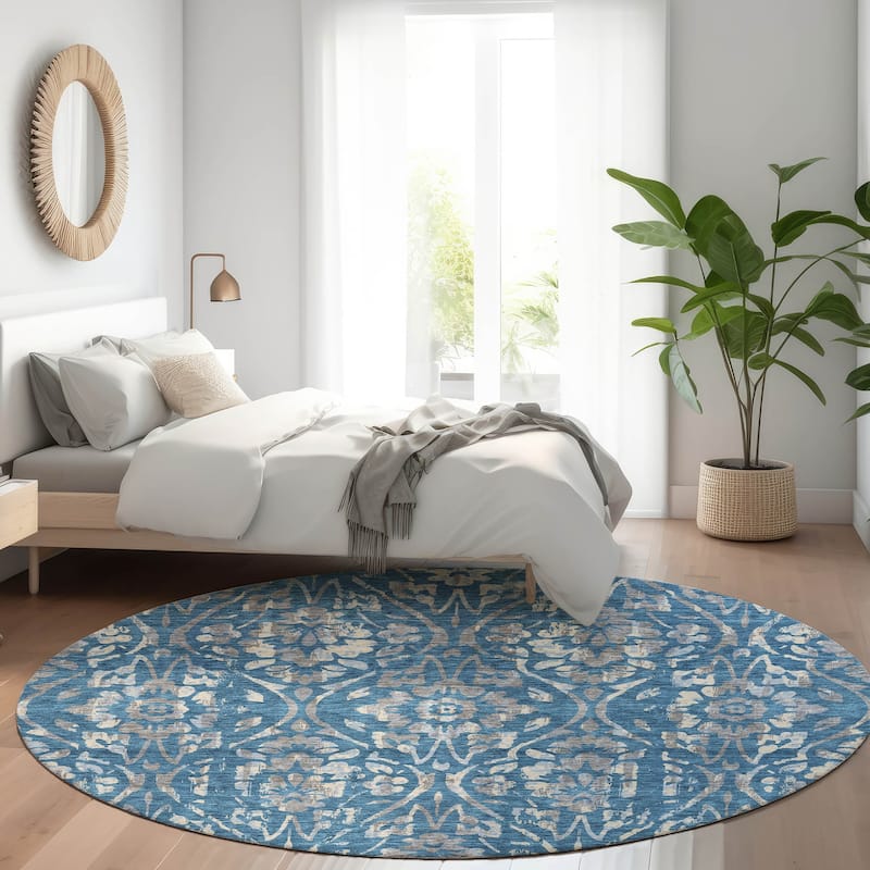 Premium Washable Super Soft Floral Damask Mayfield Rug - Blue - 8' x 8'