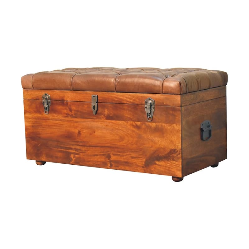 Artisan Furniture Solid Wood Buffalo Hide Chestnut Storage Trunk, Leather, Brown with storage - N/A