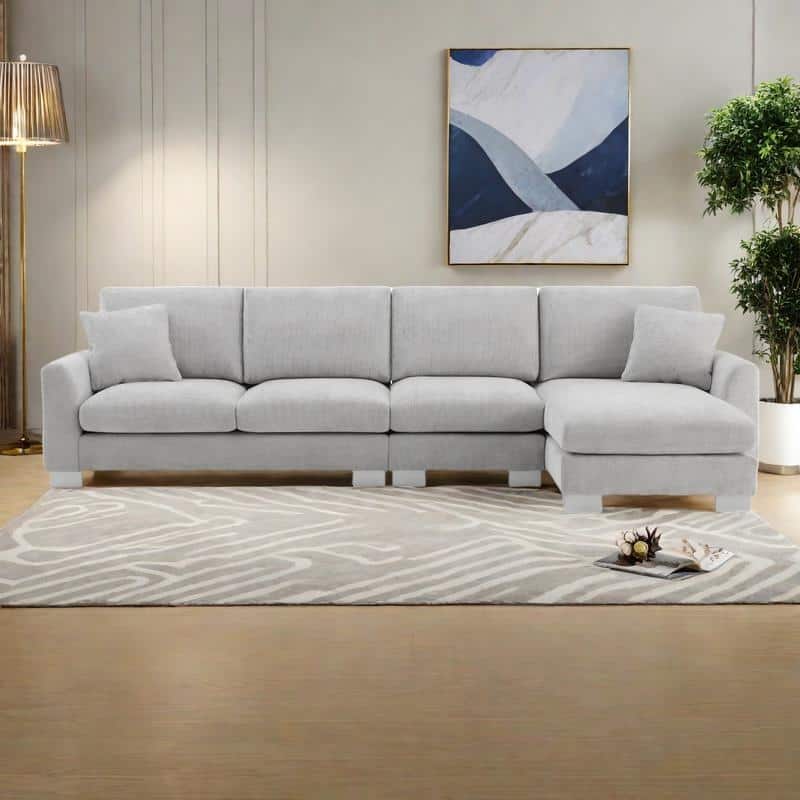 119" Chenille L-Shaped Sectional Sofa with Chaise Lounge and 2 Pillows - Light Gray