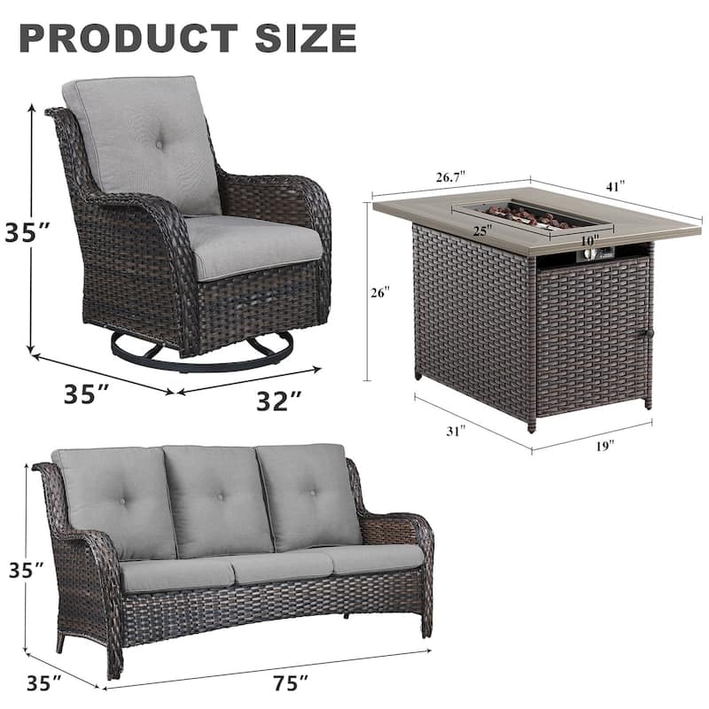 Outdoor Fire Pit Table with Swivel Chair Sofa Set - Brown