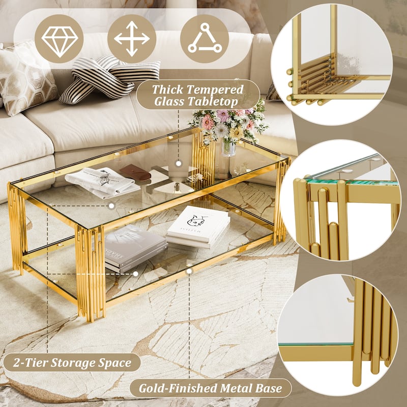 Rectangular Gold & Glass Coffee Table with 2-Tier Shelf by Harper&Bright Designs